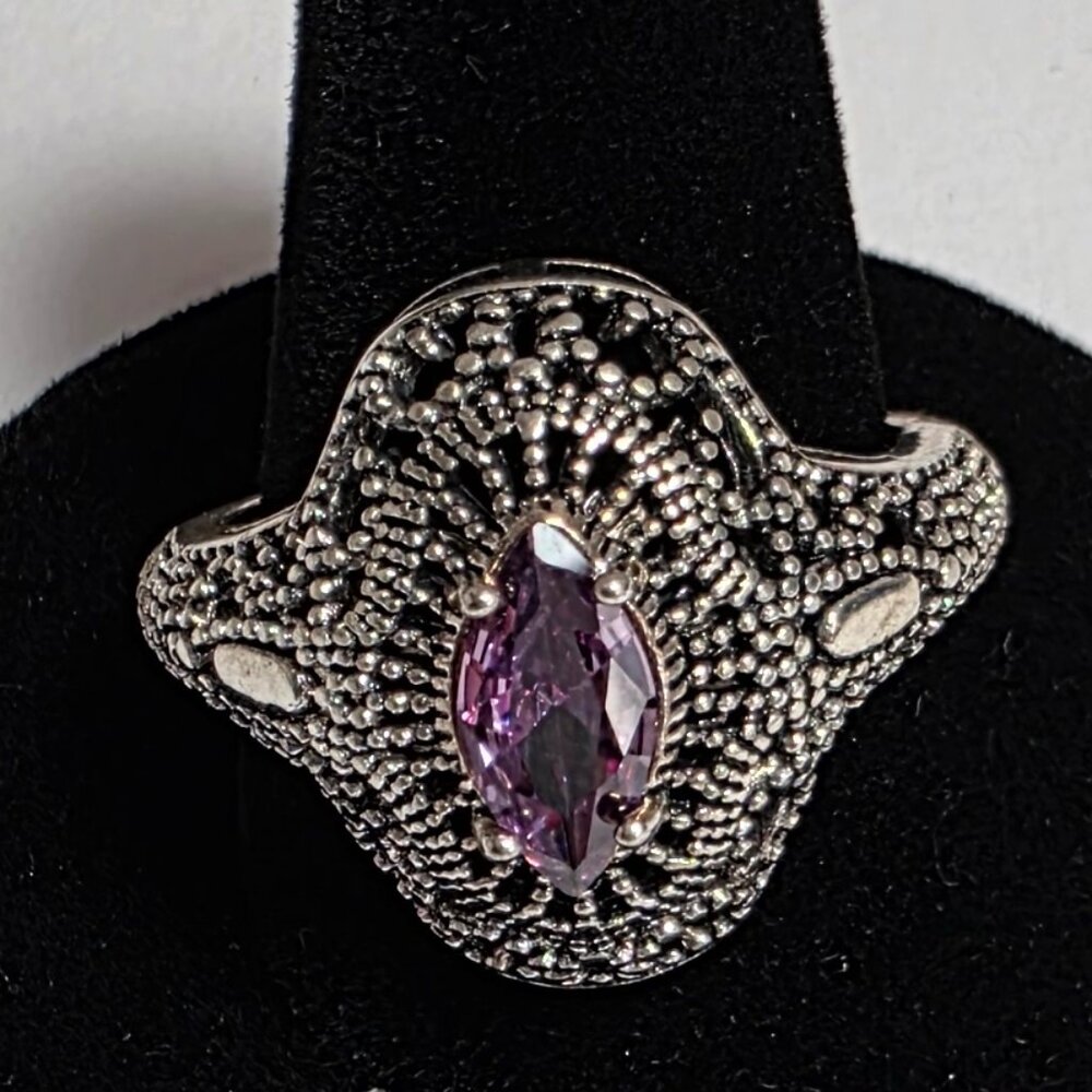 Antique Style Purple Stone Ring Silver Tone | EU 19 (US 9) - Picture 3 of 6